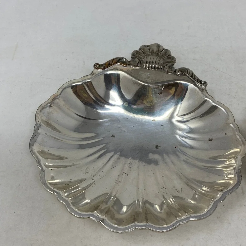 Vintage Silver Tone Scallop Shell Trinket Dish Set of 2 Footed Catchall 6in
